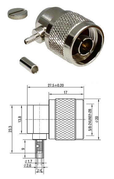 N Type Right-Angled Crimp Plug RG174, RG188, RG316, LMR100