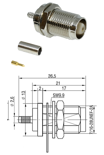 TNC Bulkhead Crimp Jack RG174, RG316