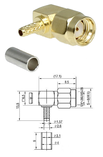 SMA-RP Right-Angled Crimp Plug RG174, RG188, RG316, LMR100