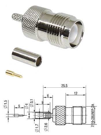 TNC RP Crimp Straight Jack RG174, RG188, RG316, LMR100 (crimp pin)