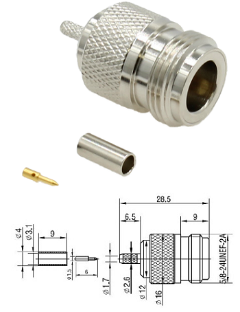 N Type Crimp Jack RG174, RG188, RG316, LMR100 (solder pin)