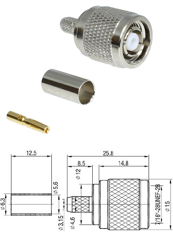 TNC RP Crimp Straight Plug RG58, LMR195, URM43, (solder pin)
