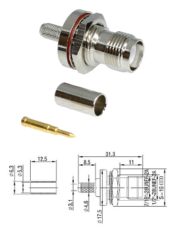 TNC RP Crimp Bulkhead Jack RG58, LMR195, URm43 (solder pin)