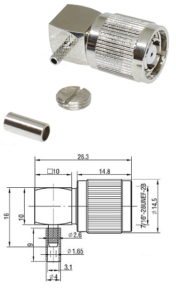 TNC-RP Right-Angled Crimp Plug RG174, RG188, RG316, LMR100