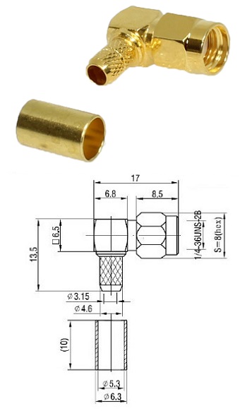 SMA-RP Right-Angled Crimp Plug RG58, LMR195