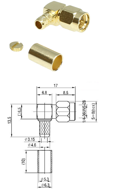 SMA Right-Angled Crimp Plug RG58, LMR195