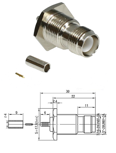 TNC RP Crimp Bulkhead Jack RG174, RG188, RG316, LMR100 (solder pin)