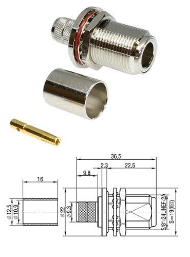 N Type Crimp Bulkhead Jack RG214 (solder pin)